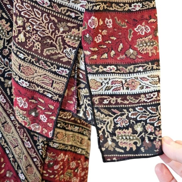 Y2K Womens 8 Dark Floral Midi Dress Dark‎ Red Tan Laceup Whimsigoth Boho Chiffon - Picture 3 of 11